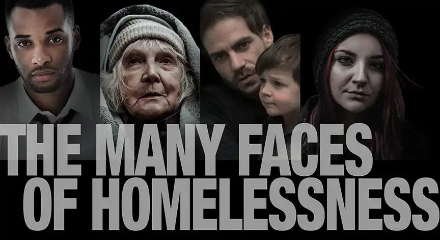 "The many face of homelessness" header